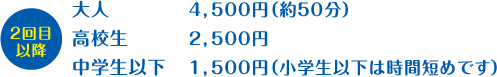 大人：４，５００円（約５０分）高校生：２，５００円：中学生以下１，５００円（小学生以下は時間短めです）